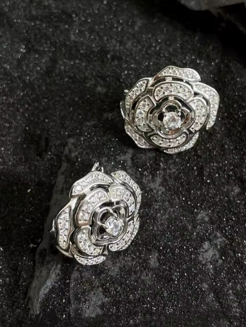 White Rhodium Pavé Crystal Flower Stud Clip Earrings - Picture 3 of 3
